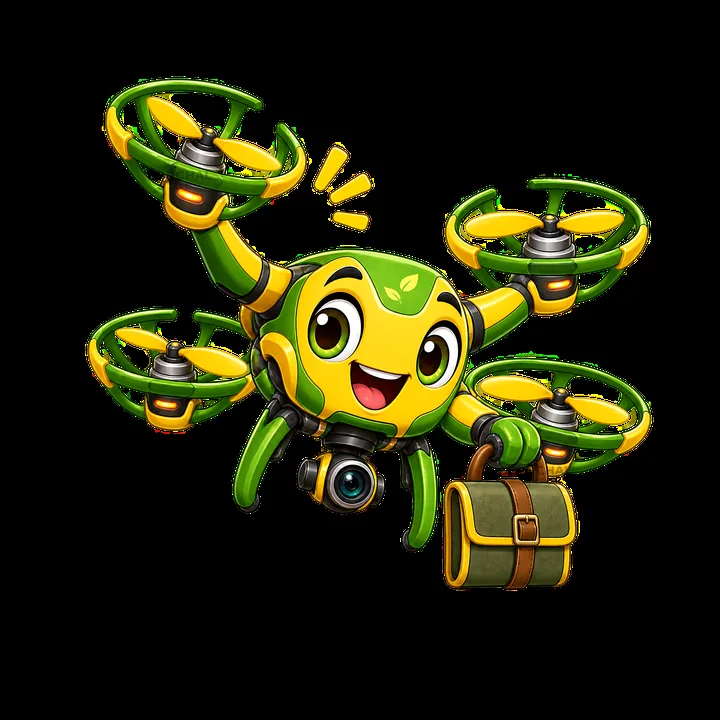 Cartoon drone character delivering a package with a camera - AI-generated stock image