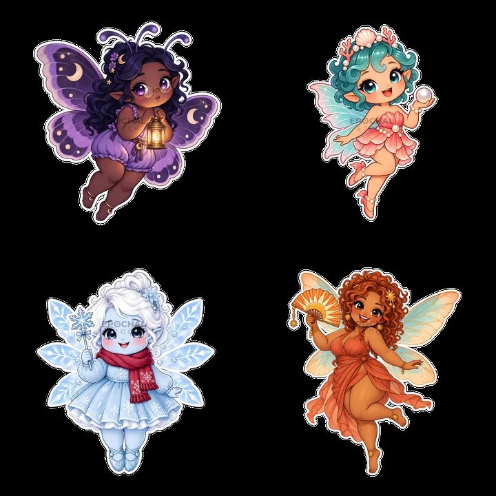 Kawaii chubby fairies with accessories in four character stickers - AI-generated stock image
