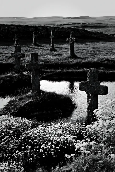 Christian crosses beside mineral spring meadow - AI-generated stock image