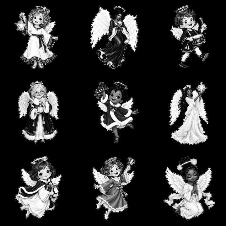 Christmas angels in a 3x3 layout with unique poses and items - AI-generated stock image