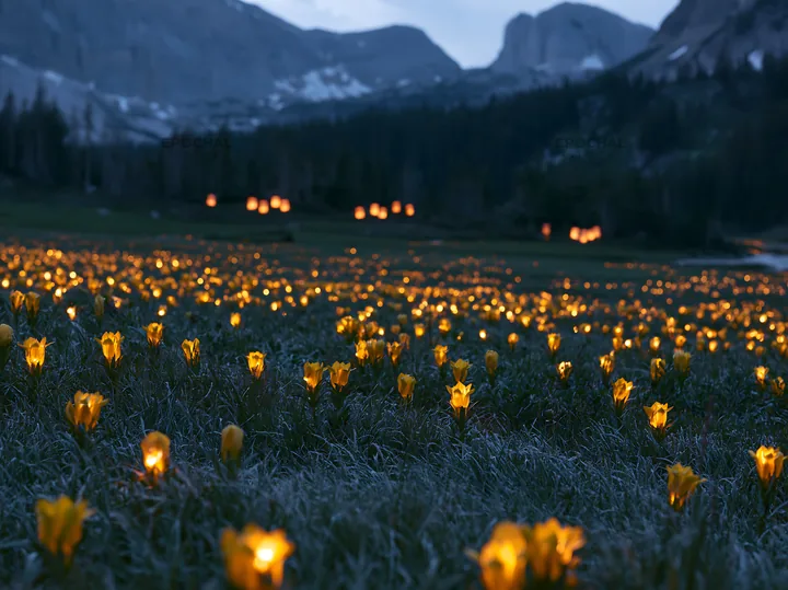 Wide Christmas meadow filled with native flowers and lights - AI-generated stock image