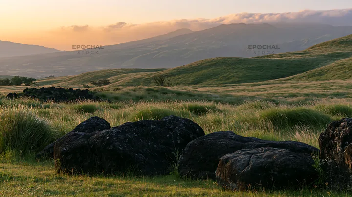 Restored Kumamoto silver grass meadow boulders at sunset - AI-generated stock image