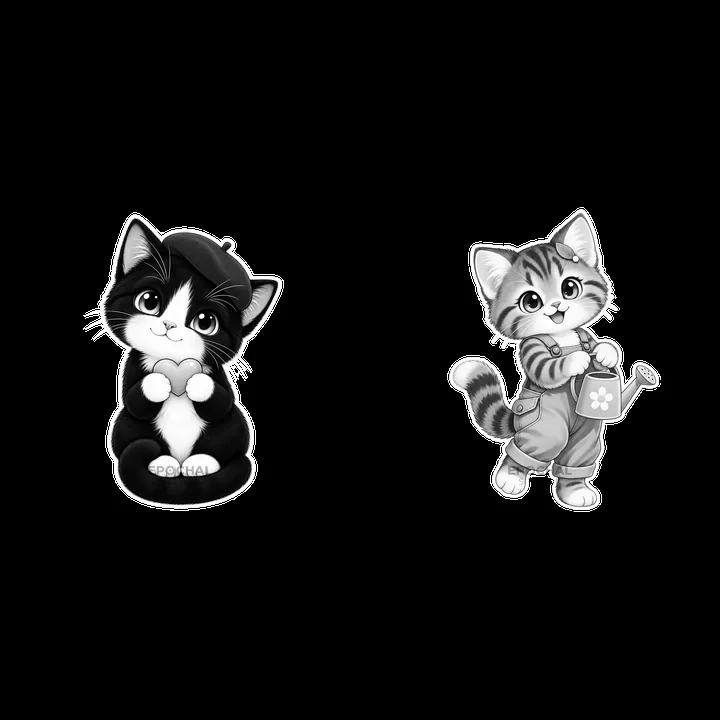 Kawaii cats with watering can in monochrome sticker illustration - AI-generated stock image