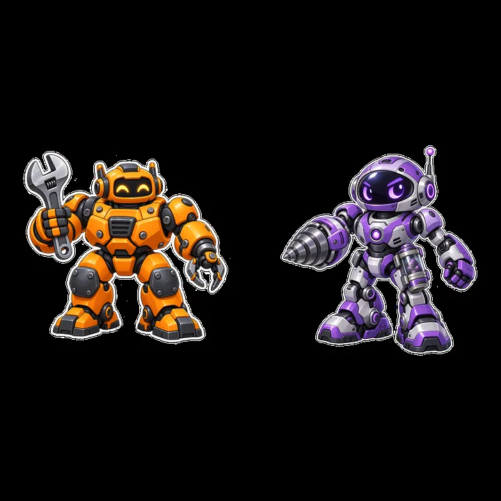 Two cartoon mech robots with tools in a playful pose - AI-generated stock image