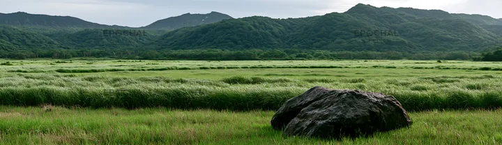 Meadow landscape with boulder in Aomori region - AI-generated stock image