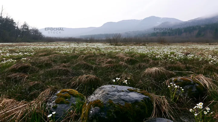 Miyagi spring recovery meadow mossy stone in natural setting - AI-generated stock image