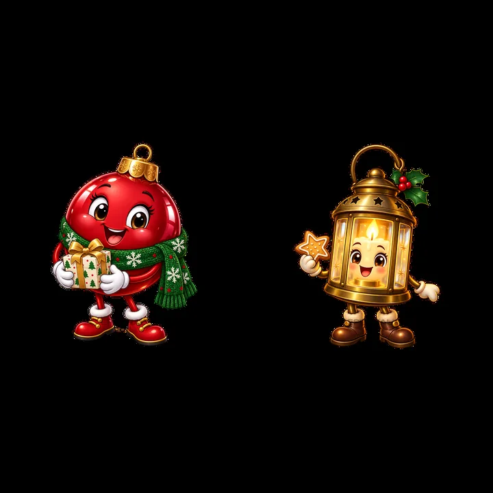 Cartoon ornament and lantern character stickers for Christmas - AI-generated stock image