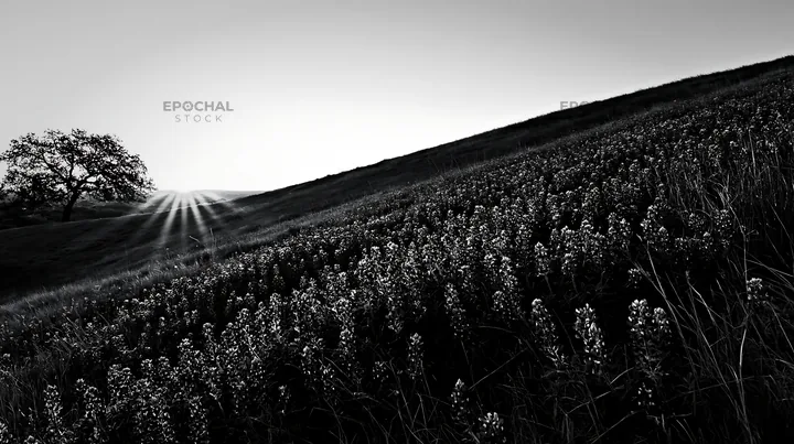 Bluebonnet meadow at sunrise in black and white - AI-generated stock image