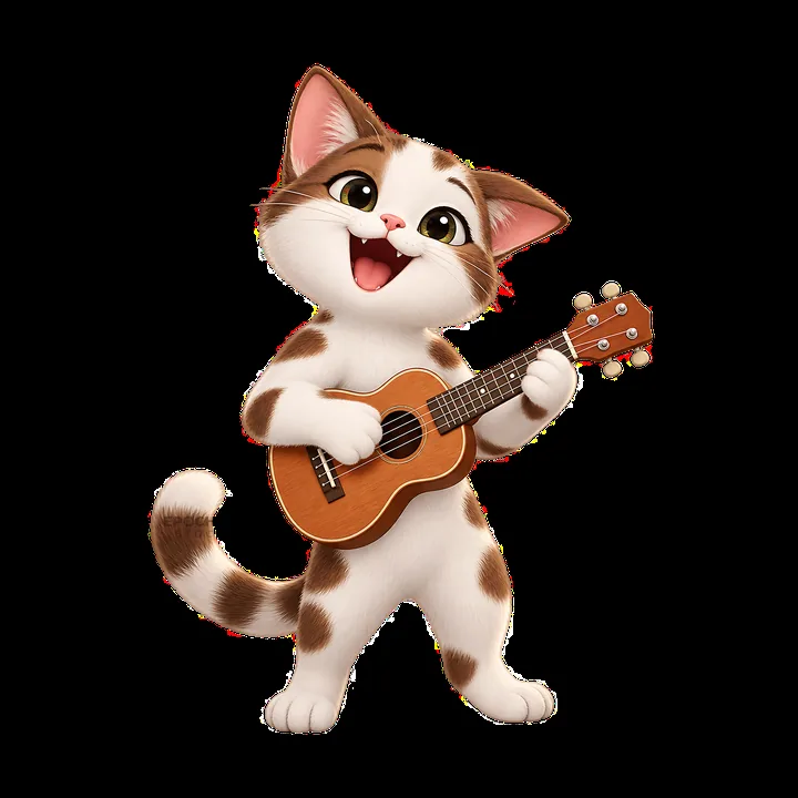 Happy cartoon cat playing ukulele with a big smile - AI-generated stock image