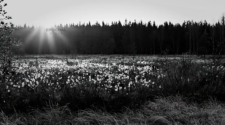 Cottongrass meadow at sunset with trees in the background - AI-generated stock image
