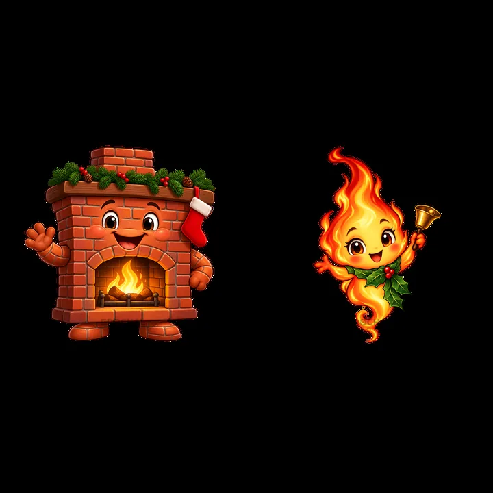 Happy fireplace and cheerful flame character for Christmas - AI-generated stock image