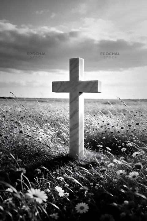 Marble Christian cross in a quiet meadow with wildflowers - AI-generated stock image