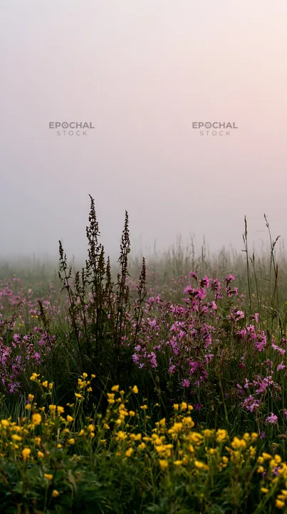 Meadow flowers in thick fog during early morning hours - AI-generated stock image
