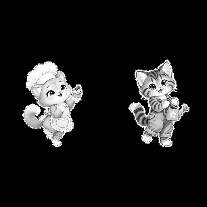Kawaii cat characters with cupcake and watering can - AI-generated stock image