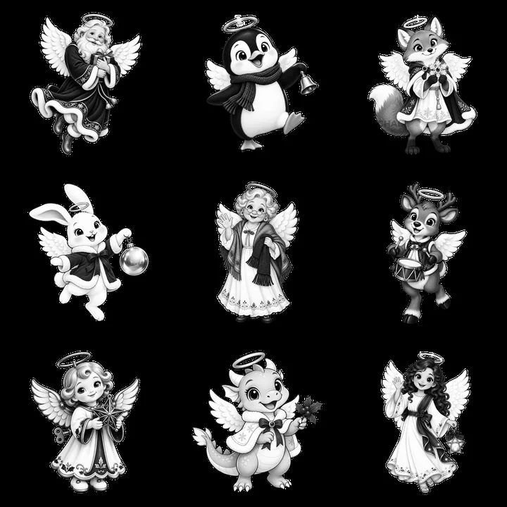Christmas angel characters holding gifts and decorations - AI-generated stock image