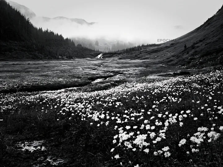 Misty mountain waterfall in a meadow with wildflowers - AI-generated stock image