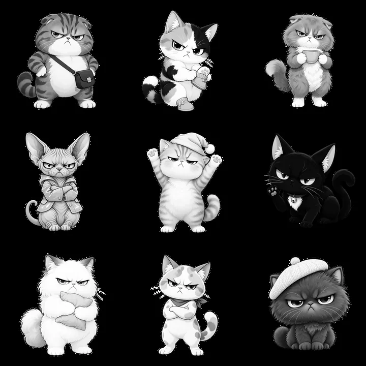 Kawaii grumpy cats in different poses and expressions in a grid - AI-generated stock image