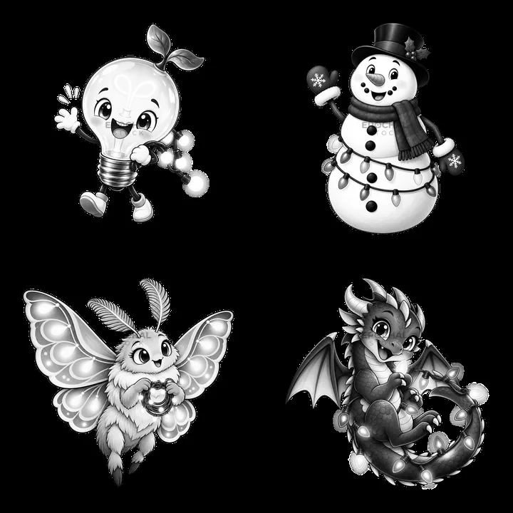 Cartoon characters with string lights in a 2x2 arrangement - AI-generated stock image