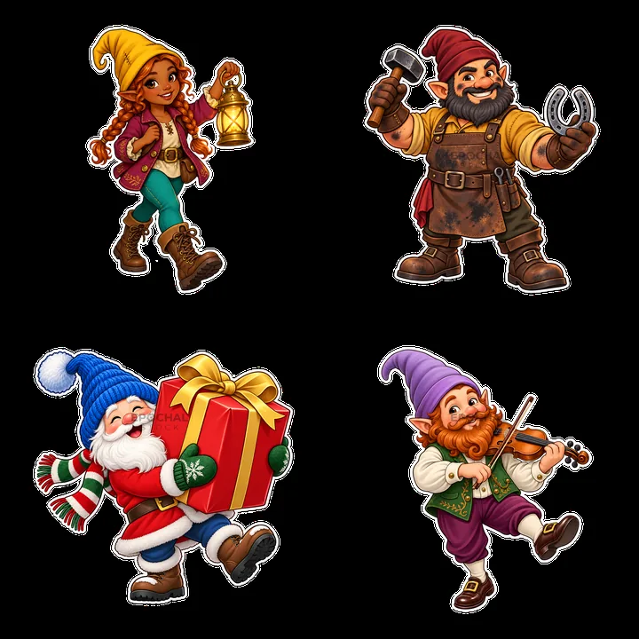 Gnomes with gifts, tools, and festive activities in colorful attire - AI-generated stock image