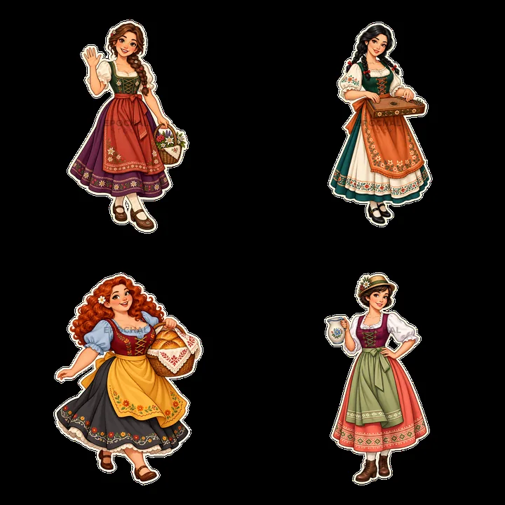 Four women in traditional folk dress with accessories - AI-generated stock image
