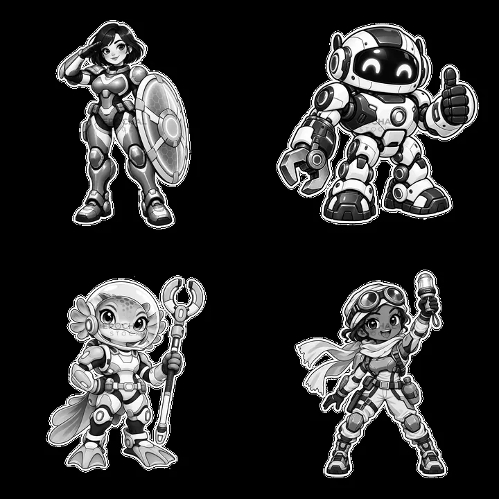Kawaii futuristic super-soldiers in monochrome illustration - AI-generated stock image