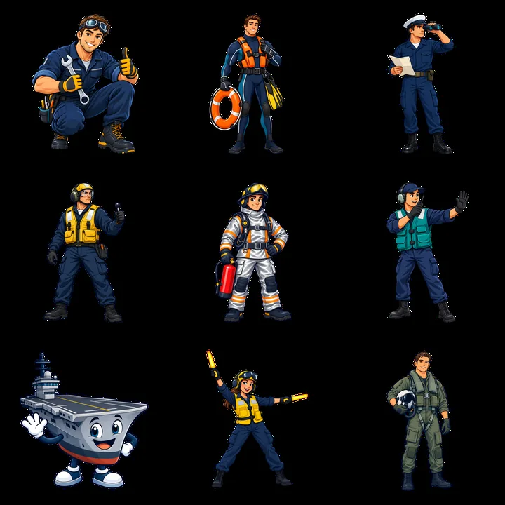 Cartoon characters and aircraft carrier in a 3x3 layout - AI-generated stock image