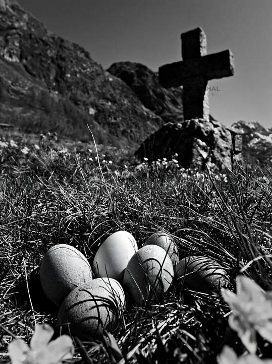 Stone Christian cross in alpine valley meadow with eggs - AI-generated stock image