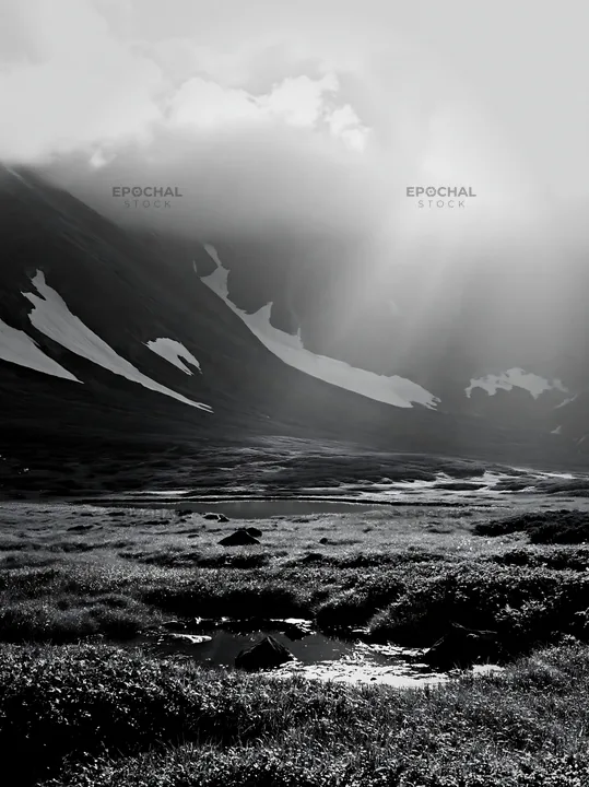 Light rays shine through clouds in Daisetsuzan alpine meadow - AI-generated stock image