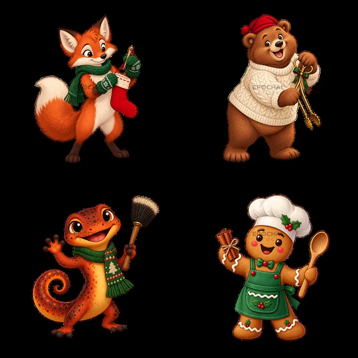 Fox, bear, gecko, and gingerbread man in Christmas theme - AI-generated stock image