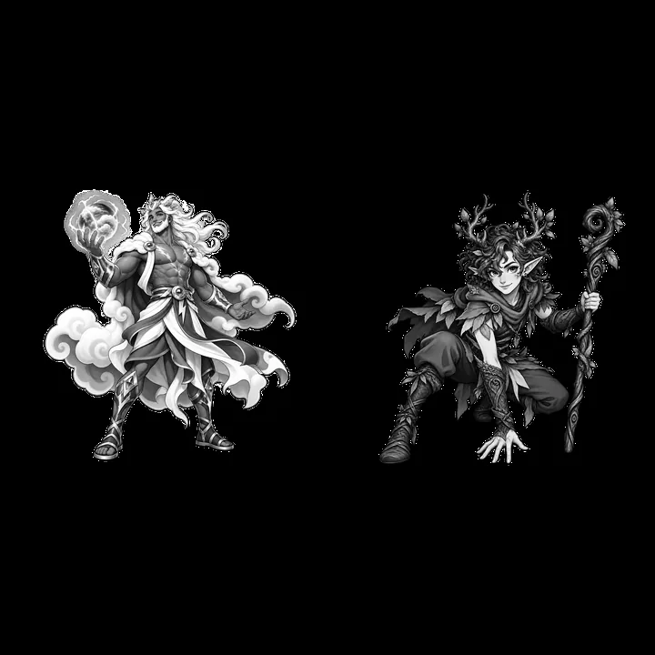 Pagan gods with elemental powers depicted in black and white - AI-generated stock image