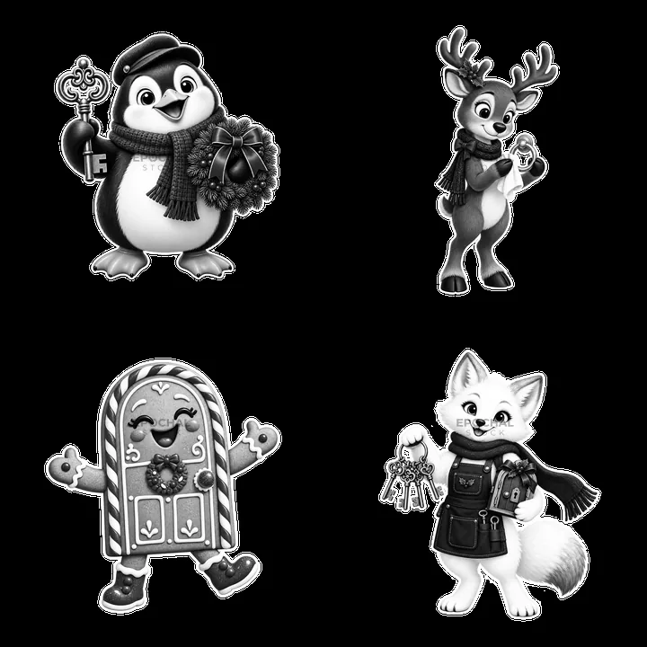 Christmas characters at the door with gifts and decorations - AI-generated stock image