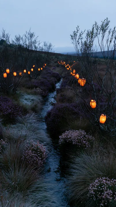 Christmas lights beside stream in a meadow at dusk - AI-generated stock image