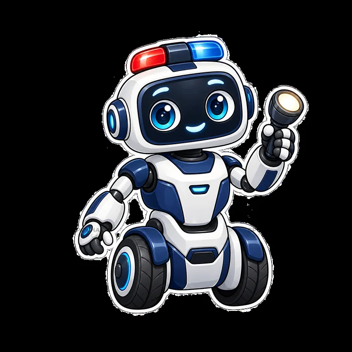 Cute cartoon police robot holding a flashlight - AI-generated stock image
