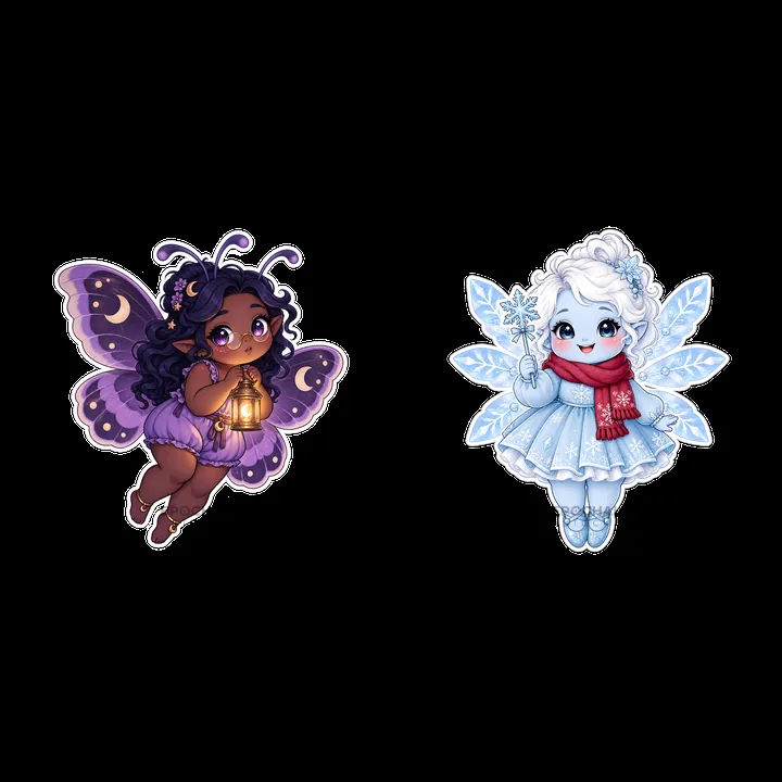 Chubby fairy duo with lantern and snowflake in cute design - AI-generated stock image