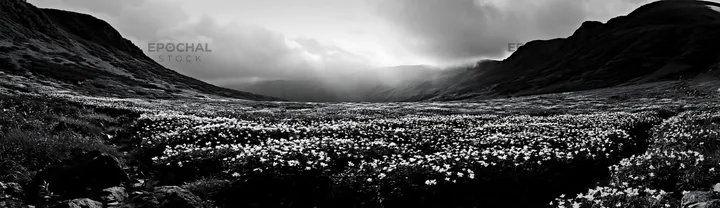 Black and white toyama alpine meadow snowmelt rock foreground with flowers - AI-generated stock image