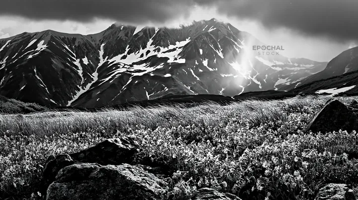 Black and white toyama alpine meadow snowmelt rock foreground with flowers - AI-generated stock image