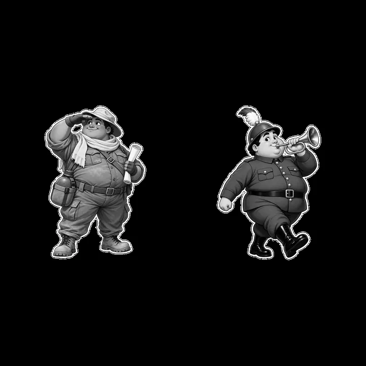 Chubby soldier and trumpeter cartoon characters in black and white - AI-generated stock image