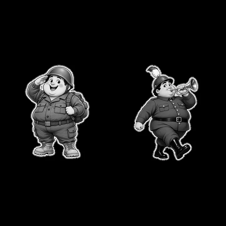 Cute ultra-chubby soldier characters in playful poses - AI-generated stock image