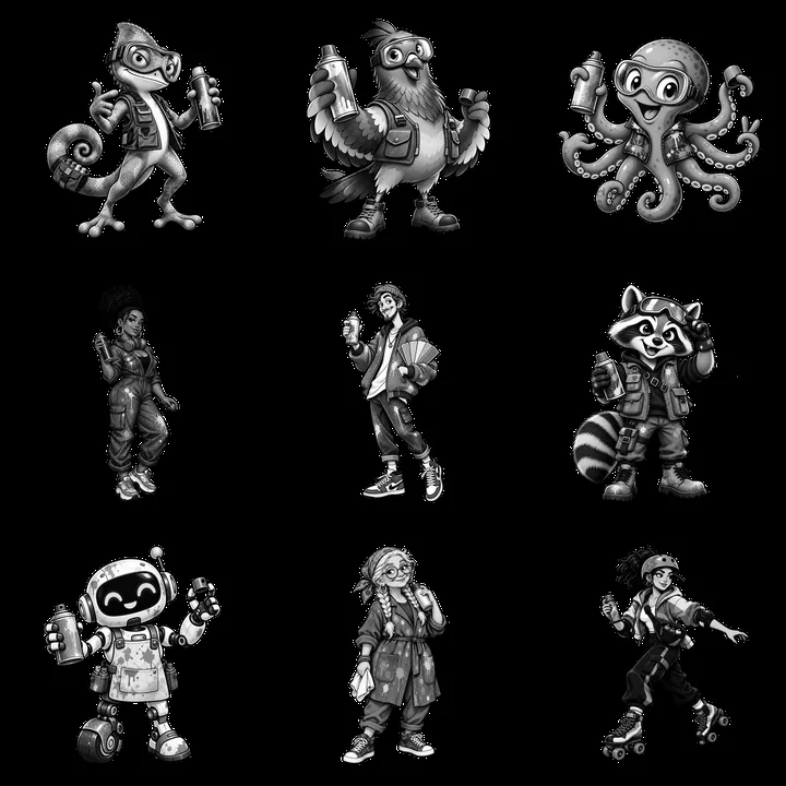 Graffiti characters with spray cans in a 3x3 layout - AI-generated stock image