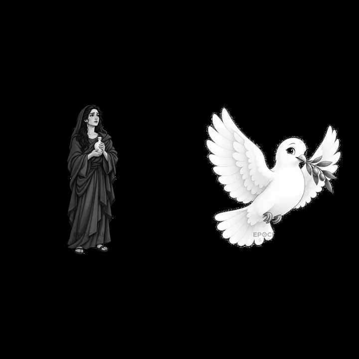 Mary holding a flower and a dove flying with an olive branch - AI-generated stock image
