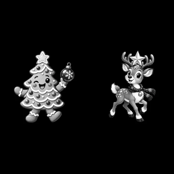 Cartoon Christmas tree and cheerful reindeer sticker pair - AI-generated stock image
