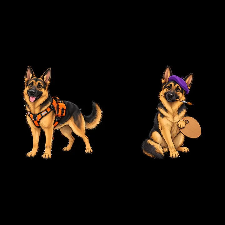 Playful German Shepherds with toys in cartoon style - AI-generated stock image