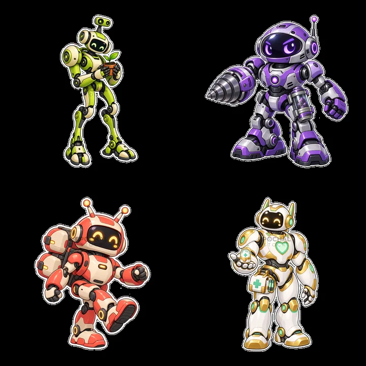 Four colorful cartoon mech robots in a 2x2 grid layout - AI-generated stock image
