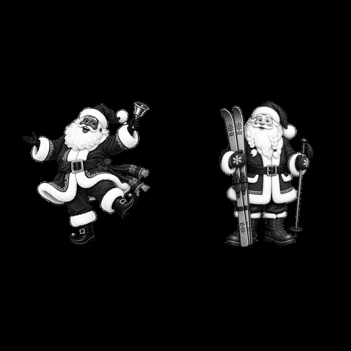 Santa Claus celebrating and skiing in black-and-white cartoon style - AI-generated stock image