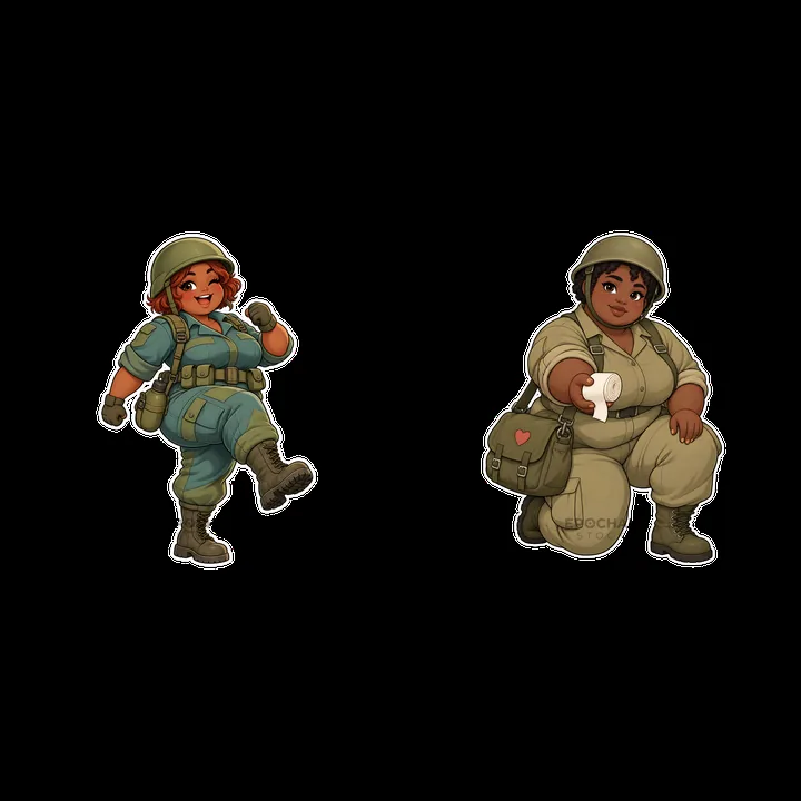 Cute ultra-chubby soldier characters in playful poses - AI-generated stock image