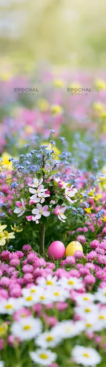Small Easter egg tree in a colorful flower meadow - AI-generated stock image