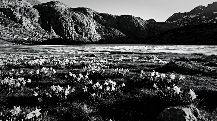 Frozen tarn meadow with flowers and mountains in background - AI-generated stock image