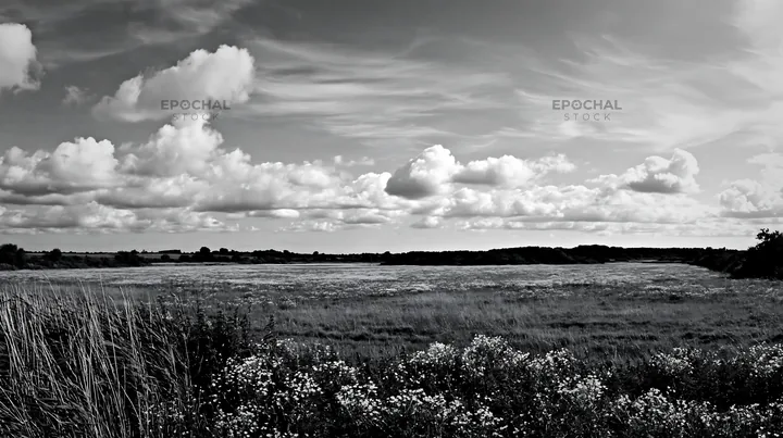 Saga floodplain meadow with reeds and clouds in the sky - AI-generated stock image