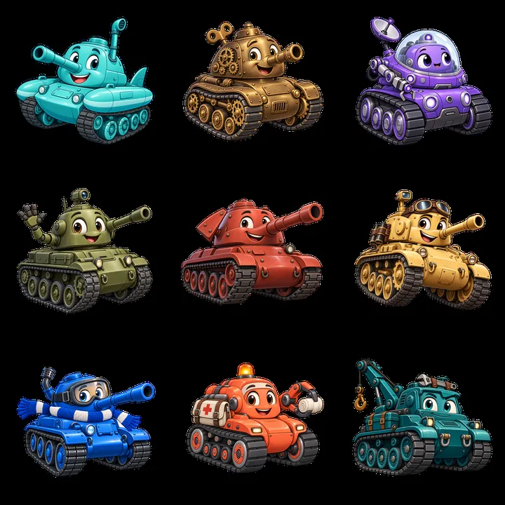 Colorful cartoon tank stickers in a playful 3x3 grid layout - AI-generated stock image