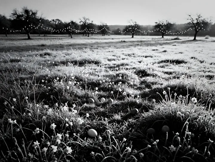 Vibrant Christmas lights across winter meadow at twilight - AI-generated stock image